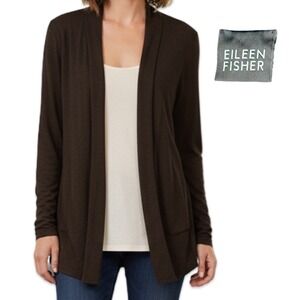 Eileen Fisher Open Front Knit Cardigan Women's Large Chocolate Brown Mature Soft